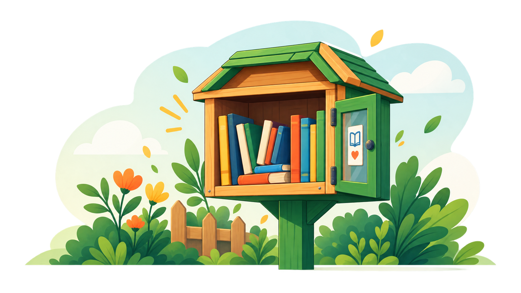 Boîte à livres en bois sur un poteau, dans un jardin fleuri