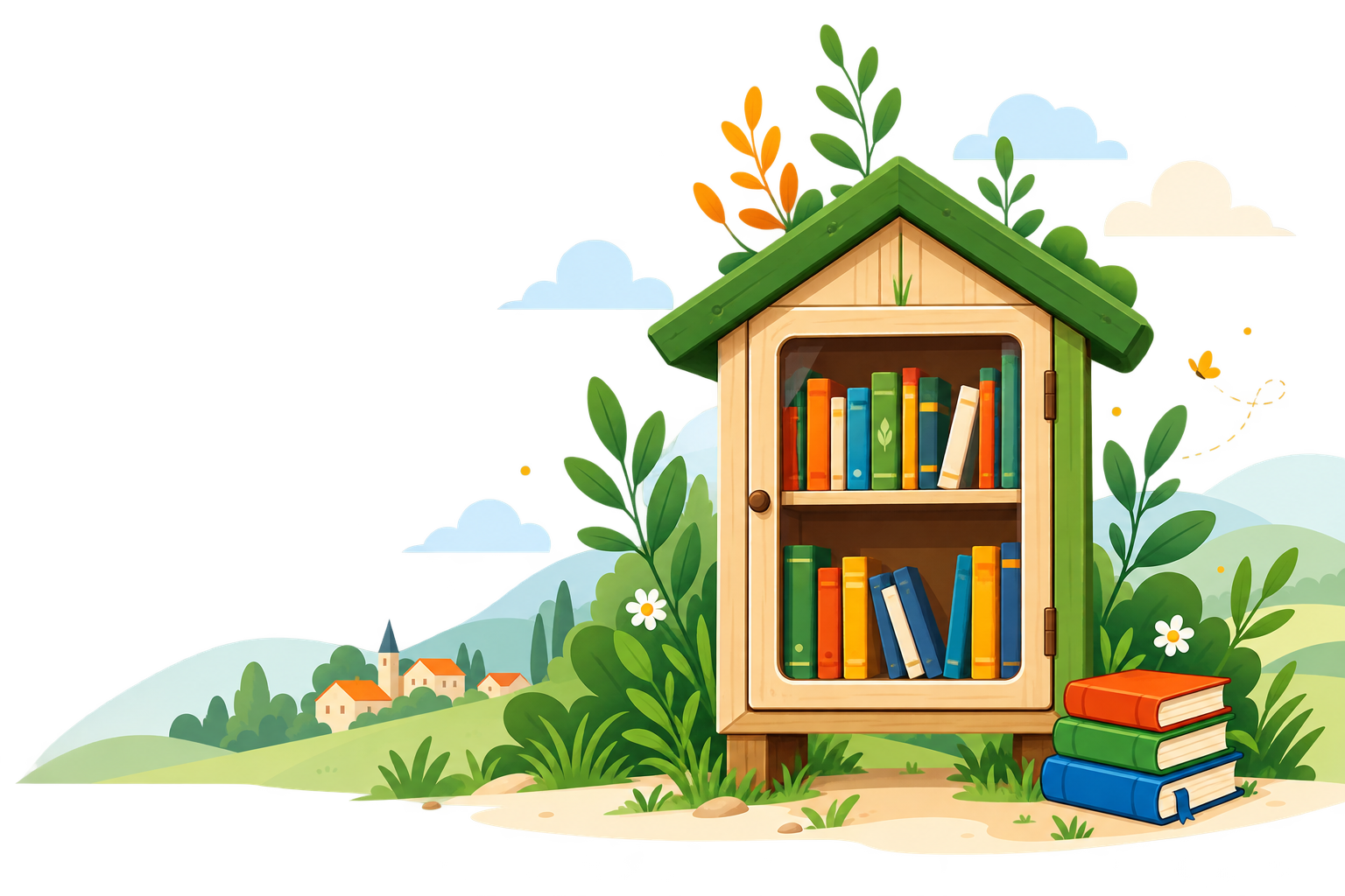 Boîte à livres en bois, remplie de livres colorés, au milieu d’un village français