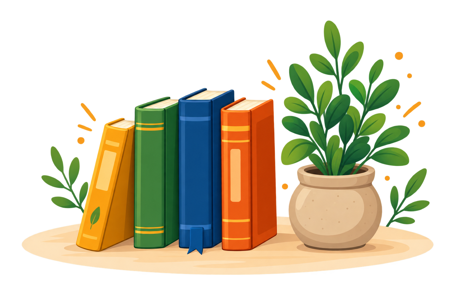 Cinq livres colorés à côté d’une plante verte en pot