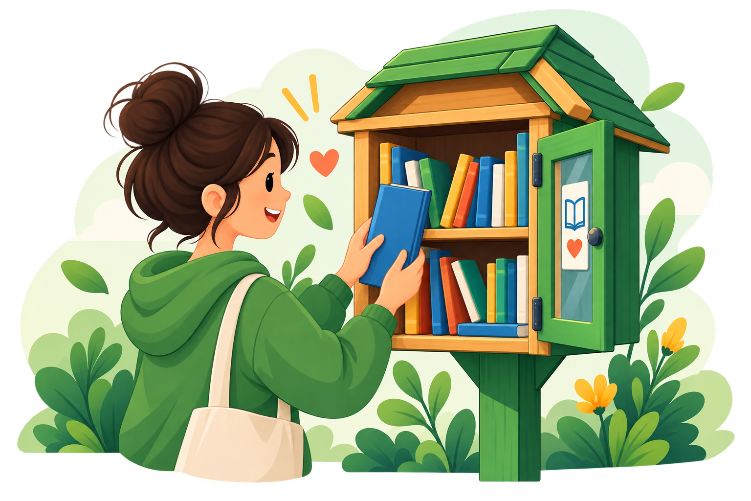Une lectrice dépose un livre dans une boîte à livres en bois