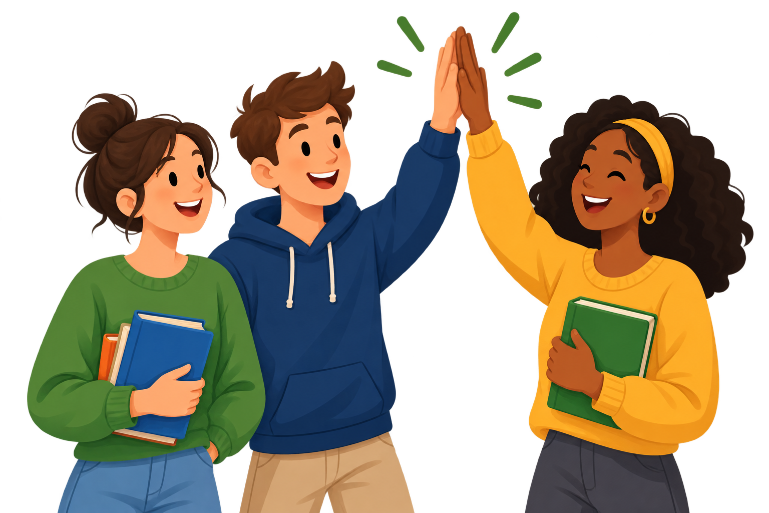 Trois jeunes adultes souriants, des livres dans les bras, qui se tapent dans la main